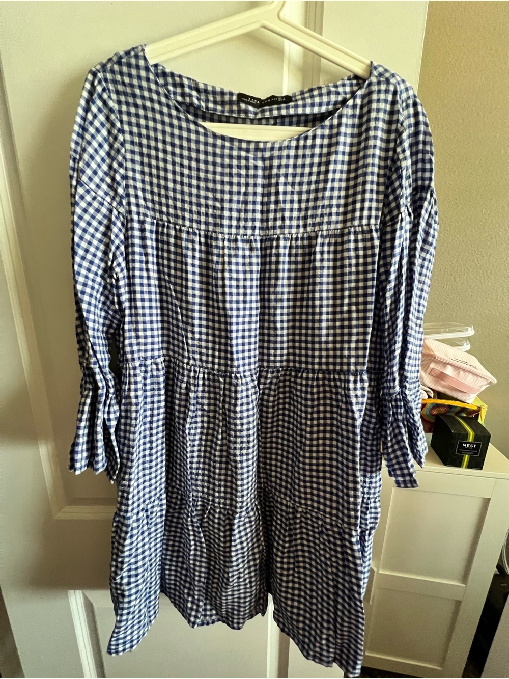 Zara Blue & White Gingham Long-Sleeve Tiered Dress
